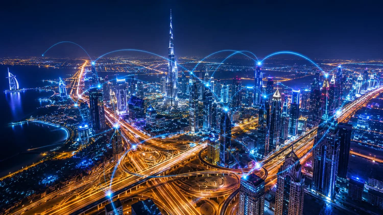 Dubai skyline at night with glowing digital connection lines, representing ALTIS's international reach from its Dubai hub